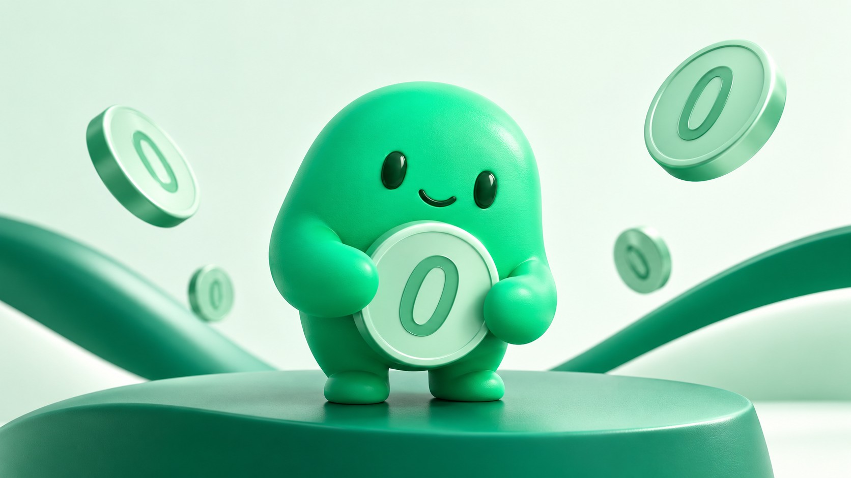 Ollie, MICRO's emerald guide, holding a zero coin